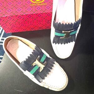 Tory Burch White and Navy Loafers with Gold Accent
